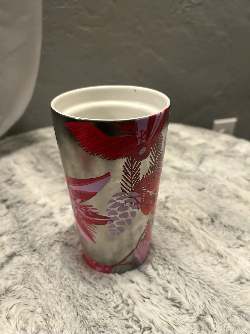 Starbucks Metallic Tumbler with Red and Pink Floral Motif